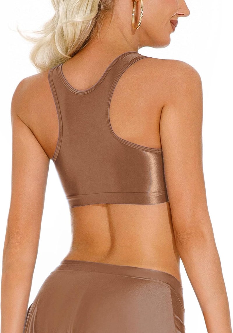 FEOYA Women’s Glossy Bras Oil Shiny Crop Tank Top Merallic Deep U Vest Tops for Club Party Cosplay - Image 3